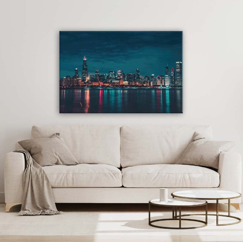Chicago Night Skyline Canvas Wall Art Print