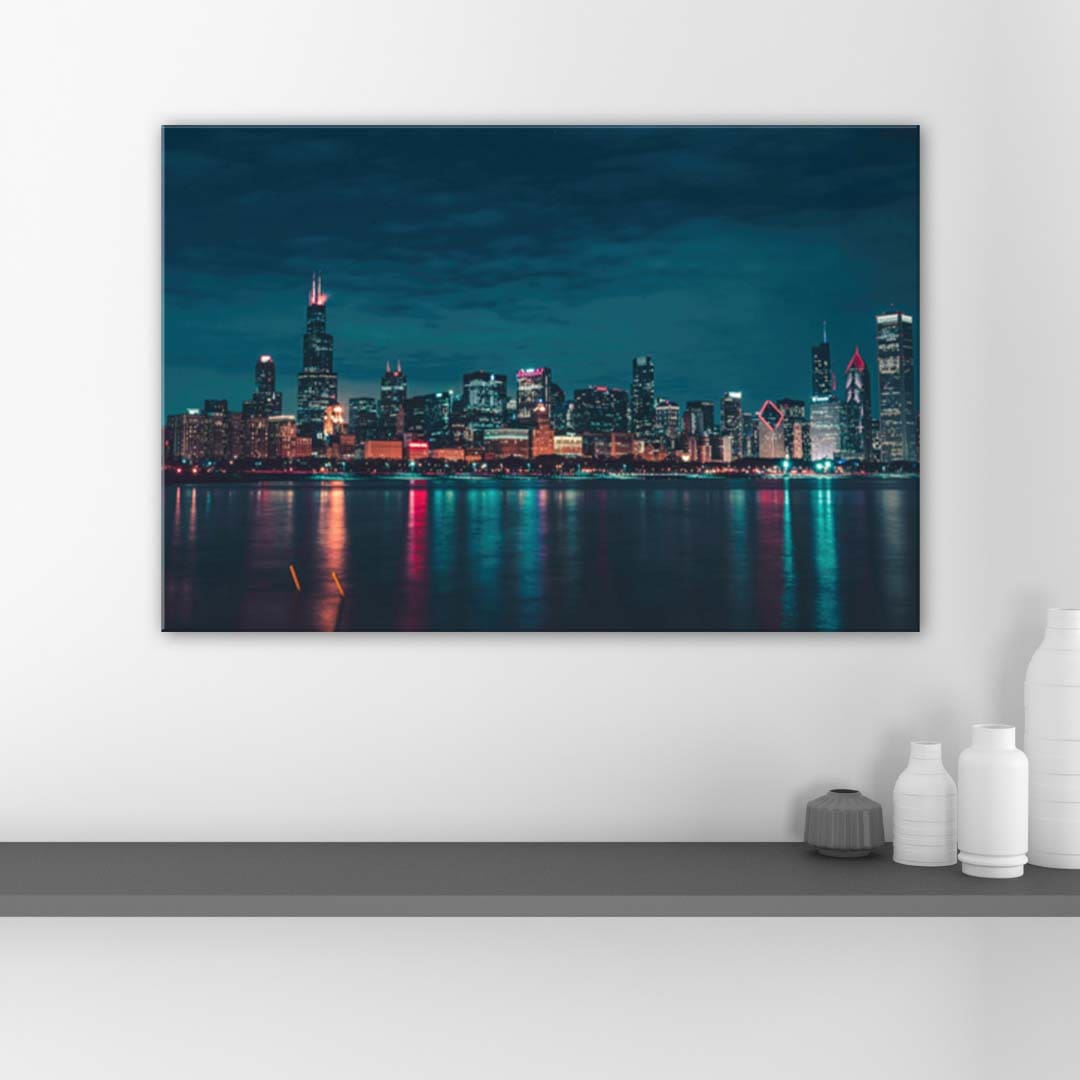 Chicago Night Skyline Canvas Wall Art Print